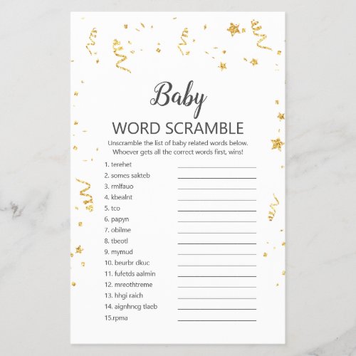 Gold Celebration Shower UK Baby Word Scramble Flyer