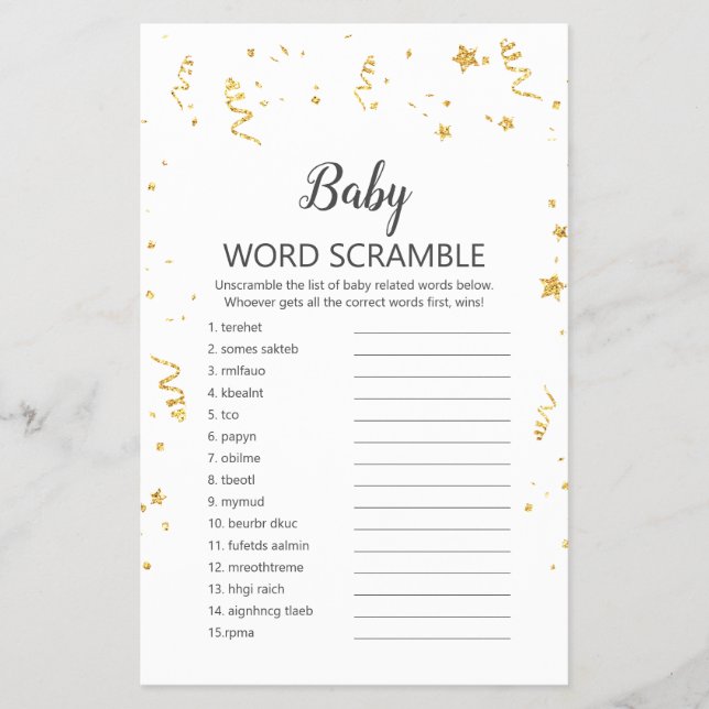 Gold Celebration Shower UK Baby Word Scramble Flyer (Front)