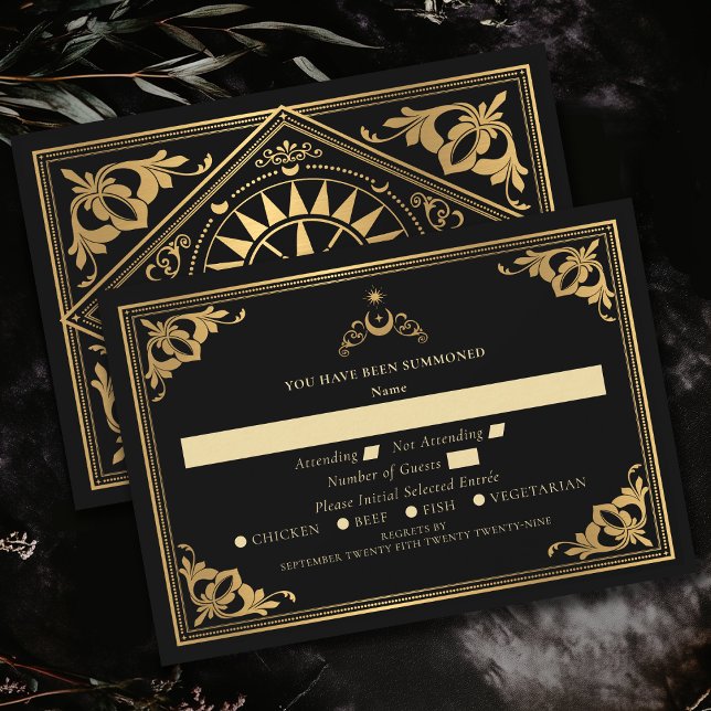 Gold Celestial Art Nouveau Tarot Gothic Wedding RSVP Card (Creator Uploaded)
