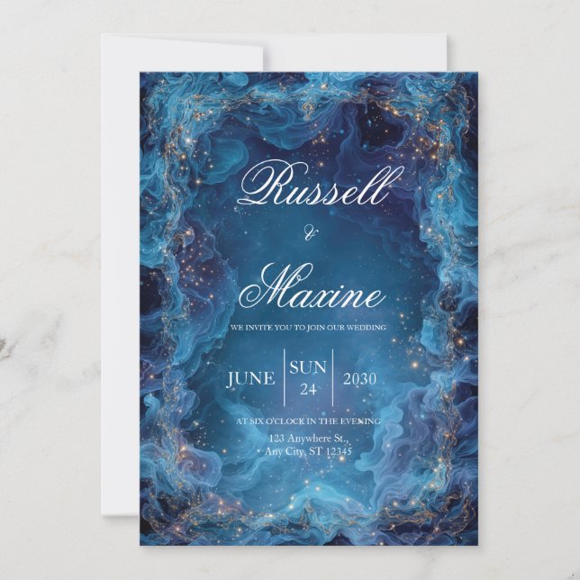 Gold Celestial Liquid Blue Smoke Winter Wedding Invitation (Front)
