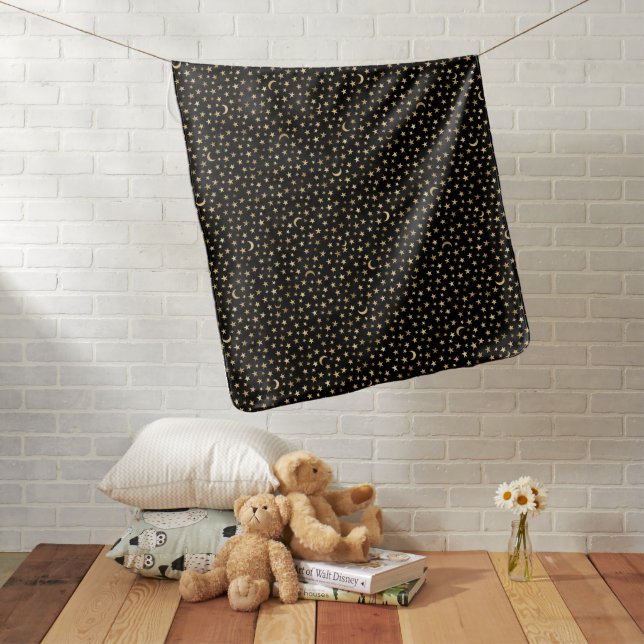 Gold Celestial Moon And Stars Black Baby Blanket (In Situ)