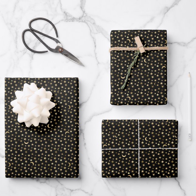 Gold Celestial Moon And Stars Black Wrapping Paper Sheets (Front)