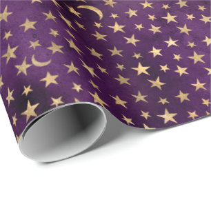 Gold Celestial Moon And Stars Dark Purple Wrapping Paper