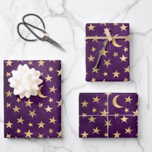 Gold Celestial Moon And Stars Dark Purple Wrapping Paper Sheets