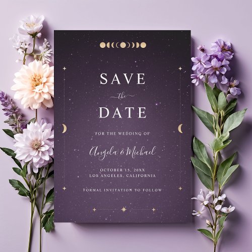 Gold Celestial Moon Purple Galaxy Universe Cosmic  Save The Date