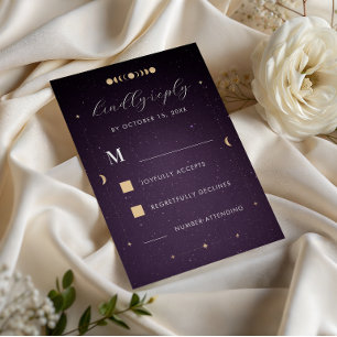 Gold Celestial Purple Galaxy Cosmic Wedding RSVP Card