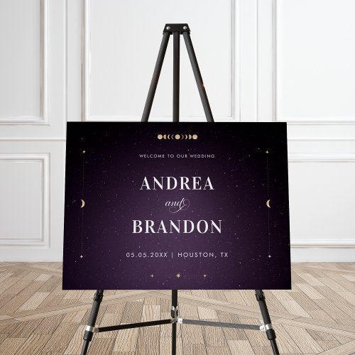 Gold Celestial Purple Galaxy Wedding Welcome Sign 