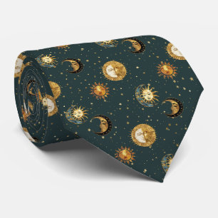 Gold Celestial Sun Moon Stars Midnight Blue Neck Tie