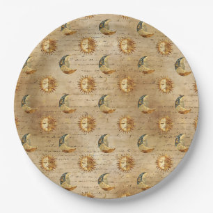 Gold Celestial Sun Moon Vintage Astrology Pattern Paper Plates