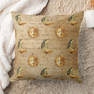 Gold Celestial Sun Moon Vintage Astrology Pattern Throw Pillow