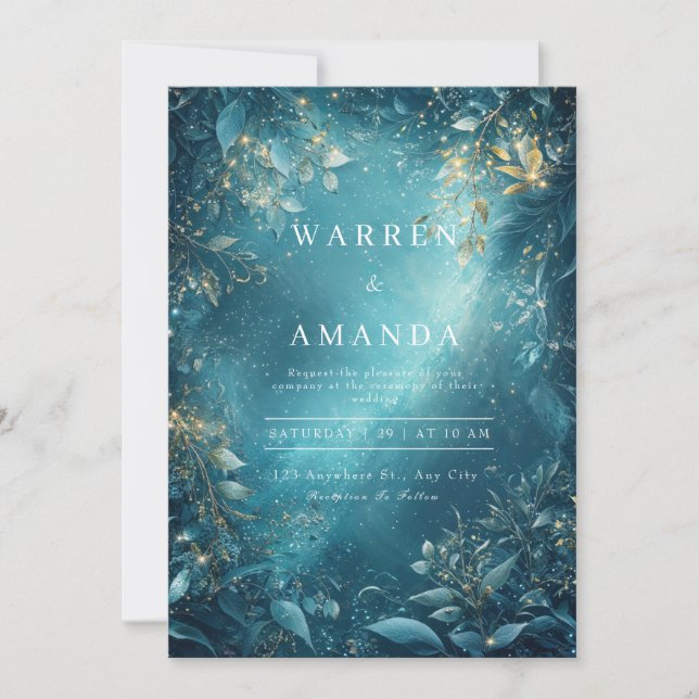 Gold Celestial Teal Botanical Night Wedding Invitation (Front)