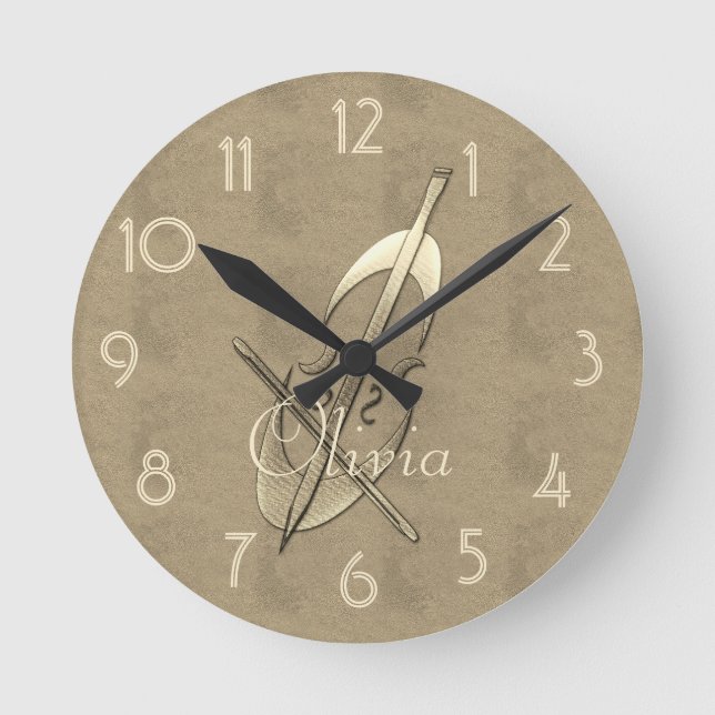 Gold Cello Music Musician Add Name Round Clock (Front)