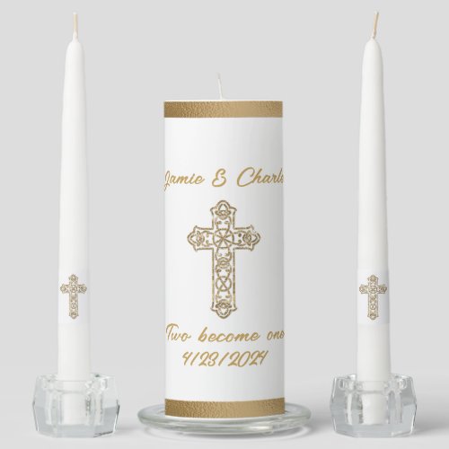 Gold Celtic Cross Custom Wedding Unity Candle Set
