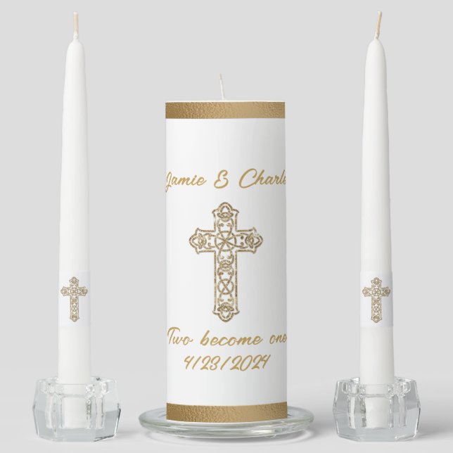 Gold Celtic Cross Custom Wedding Unity Candle Set (Front)