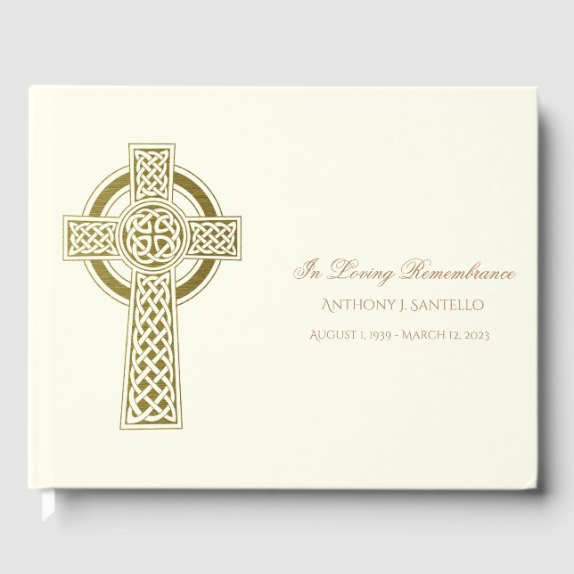 Gold Celtic Cross Irish Memorial Funeral Guest Book (Front)