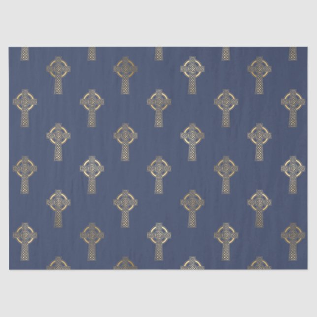 Gold Celtic Cross on Navy Blue Decoupage Tissue Paper (Front)