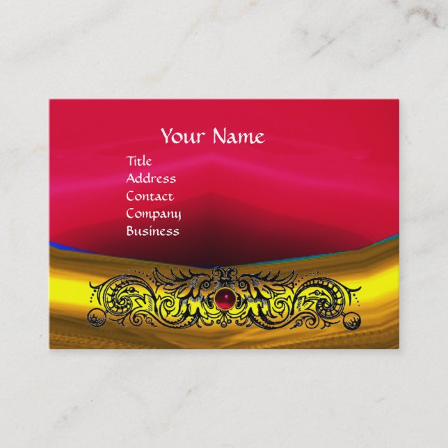 GOLD CELTIC DRAGONS RED RUBY GEMSTONE MONOGRAM BUSINESS CARD (Front)