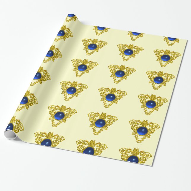 GOLD CELTIC HEART,BLUE SAPPHIRE,Valentine's Day Wrapping Paper (Unrolled)
