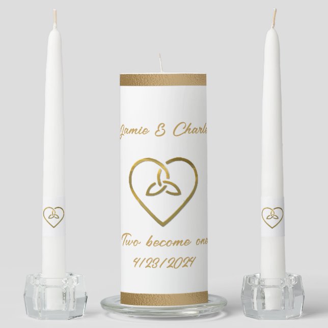 Gold Celtic Heart Custom Wedding Unity Candle Set (Front)