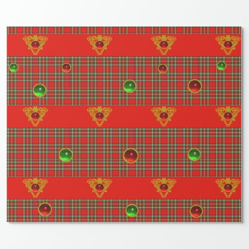 GOLD CELTIC HEARTGEMS RED GREEN SCOTTISH TARTAN WRAPPING PAPER