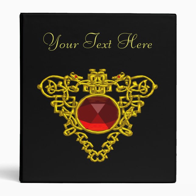 GOLD CELTIC HEART JEWEL,RED RUBY GEMSTONE Black Binder (Front)