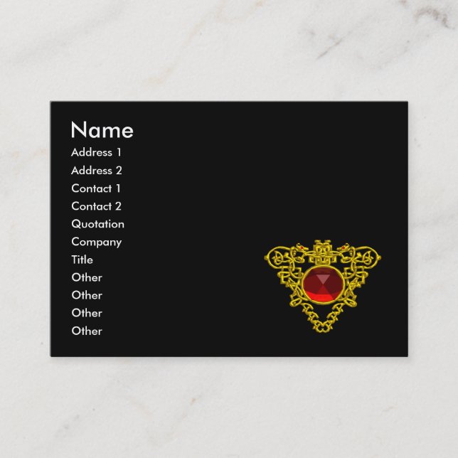GOLD CELTIC HEART JEWEL,RED RUBY GEMSTONE Black Business Card (Front)