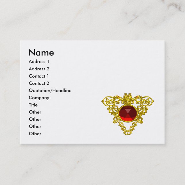 GOLD CELTIC HEART JEWEL,RED RUBY GEMSTONE Blue Business Card (Front)