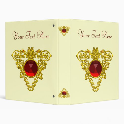 GOLD CELTIC HEART JEWEL WITH RED RUBY GEMSTONE 3 RING BINDER