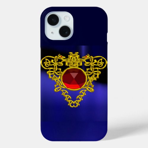 GOLD CELTIC HEART JEWEL WITH RED RUBY GEMSTONE iPhone 15 CASE