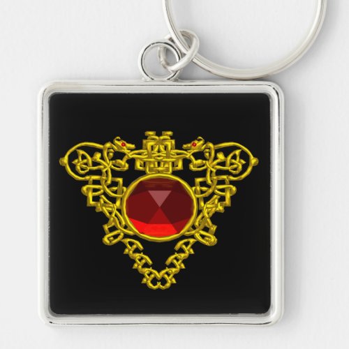 GOLD CELTIC HEART JEWEL WITH RED RUBY GEMSTONE  KEYCHAIN