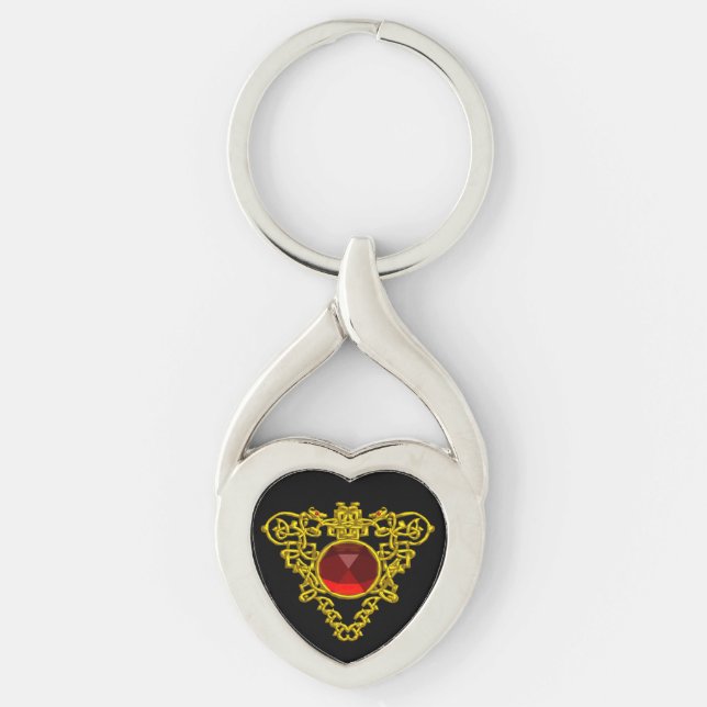 GOLD CELTIC HEART JEWEL WITH RED RUBY GEMSTONE  KEYCHAIN (Front)