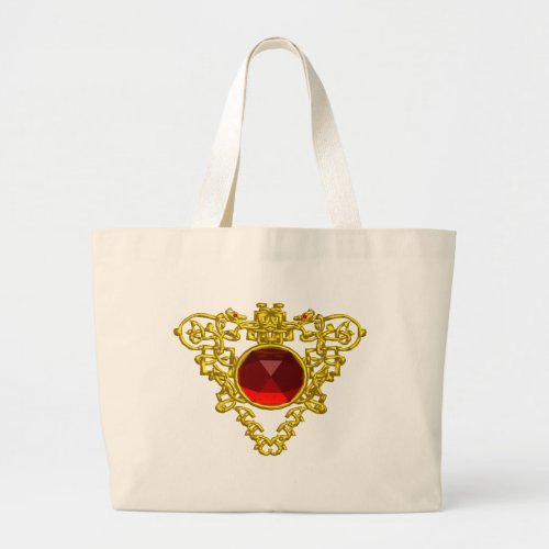GOLD CELTIC HEART JEWEL WITH RED RUBY GEMSTONE LARGE TOTE BAG