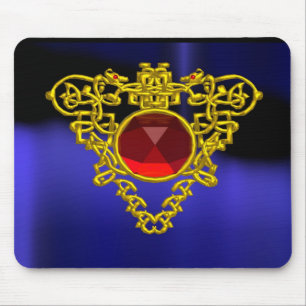 GOLD CELTIC HEART JEWEL WITH RED RUBY GEMSTONE MOUSE PAD