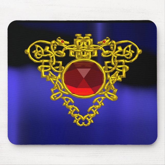 GOLD CELTIC HEART JEWEL WITH RED RUBY GEMSTONE MOUSE PAD (Front)