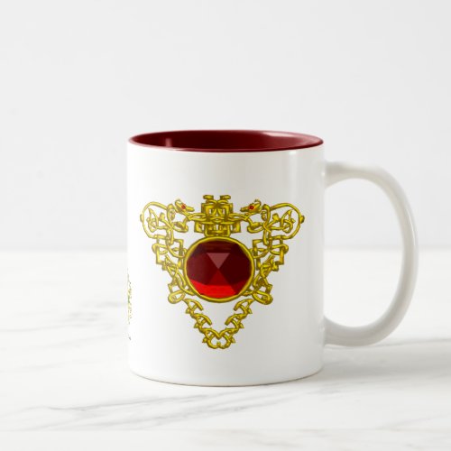 GOLD CELTIC HEART JEWEL WITH RED RUBY GEMSTONE Two_Tone COFFEE MUG