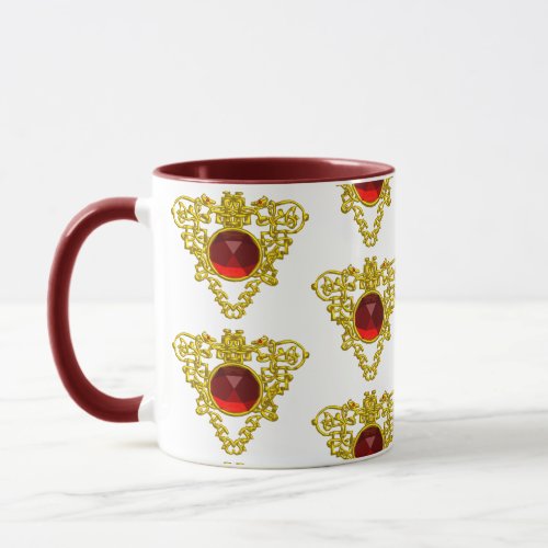 GOLD CELTIC HEART JEWELS WITH RED RUBY GEMSTONES MUG