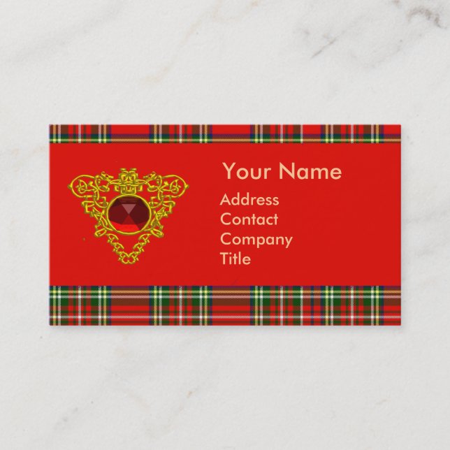 GOLD CELTIC HEART,RUBY, RED GREEN SCOTTISH TARTAN BUSINESS CARD (Front)