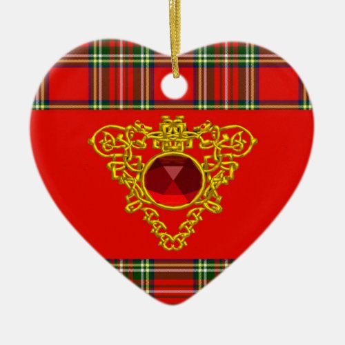 GOLD CELTIC HEARTRUBY RED GREEN SCOTTISH TARTAN CERAMIC ORNAMENT