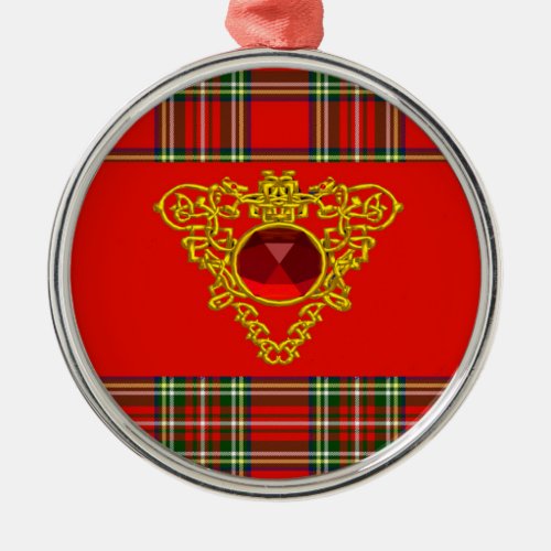 GOLD CELTIC HEARTRUBY RED GREEN SCOTTISH TARTAN METAL ORNAMENT