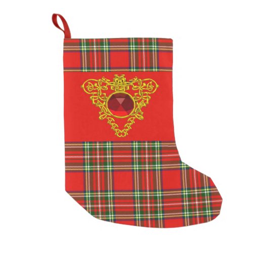 GOLD CELTIC HEARTRUBY RED GREEN SCOTTISH TARTAN SMALL CHRISTMAS STOCKING