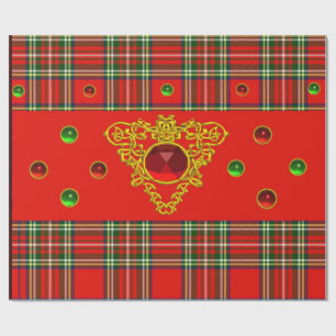 GOLD CELTIC HEART,RUBY, RED GREEN SCOTTISH TARTAN WRAPPING PAPER