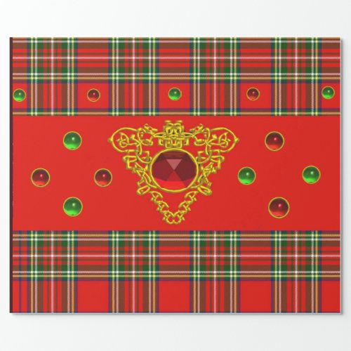 GOLD CELTIC HEARTRUBY RED GREEN SCOTTISH TARTAN WRAPPING PAPER