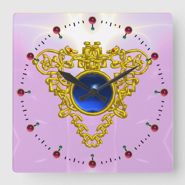 GOLD CELTIC HEART WITH  BLUE SAPPHIRE ,Black Square Wall Clock (Front)