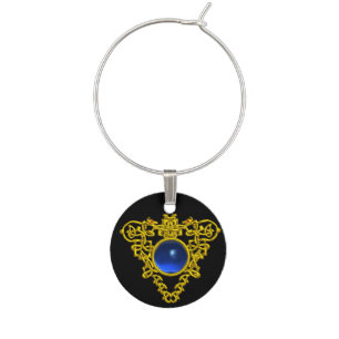 GOLD CELTIC HEART WITH BLUE SAPPHIRE ,Black Wine Glass Charm