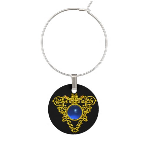 GOLD CELTIC HEART WITH BLUE SAPPHIRE Black Wine Glass Charm