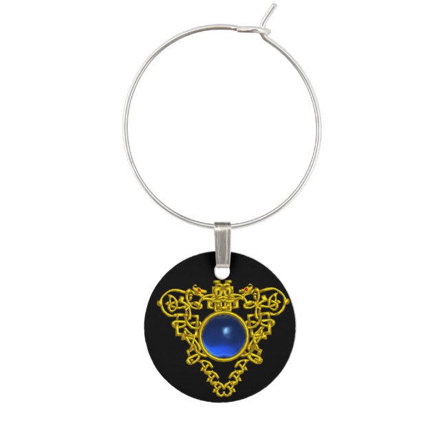 GOLD CELTIC HEART WITH BLUE SAPPHIRE ,Black Wine Glass Charm (Front)