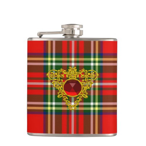 GOLD CELTIC HEART WITH RED RUBY ON SCOTTISH TARTAN FLASK