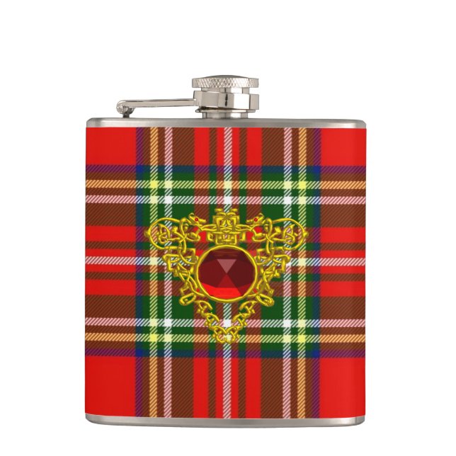 GOLD CELTIC HEART WITH RED RUBY ON SCOTTISH TARTAN FLASK (Front)