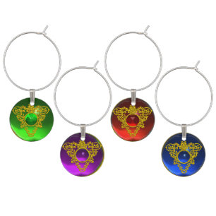 GOLD CELTIC HEARTS WITH COLORFUL GEMSTONES ,Black Wine Glass Charm