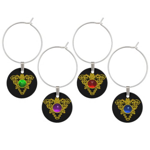 GOLD CELTIC HEARTS WITH COLORFUL GEMSTONES Black Wine Glass Charm